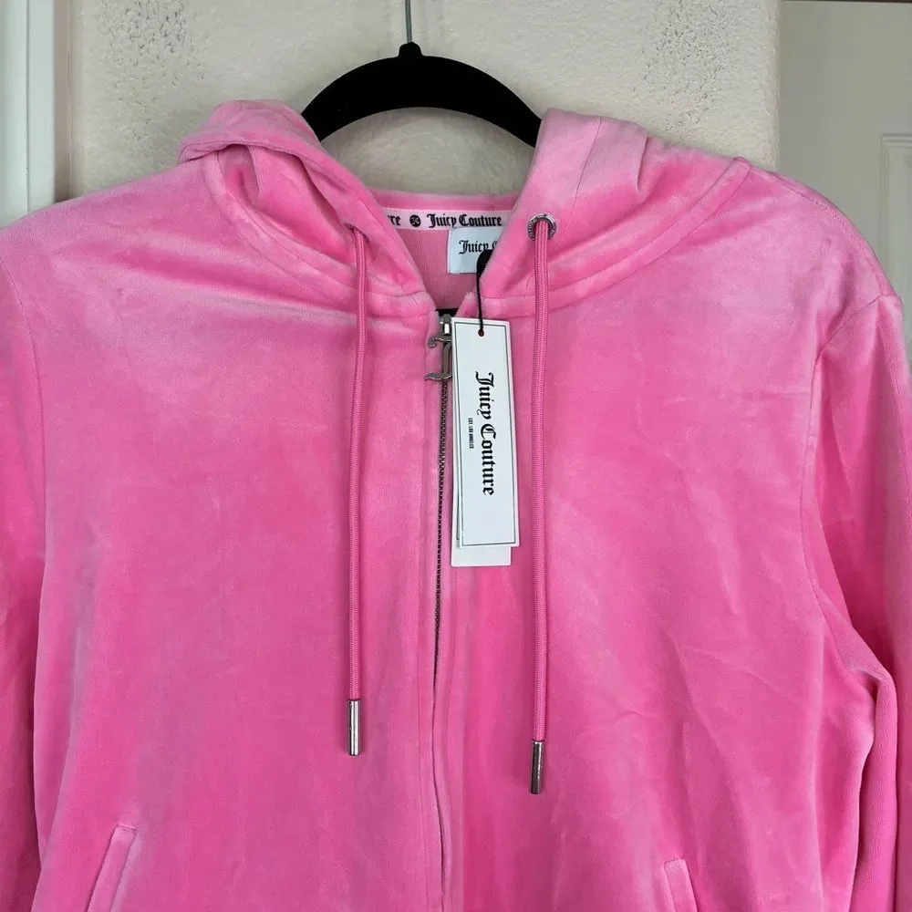 Juicy Couture OG BIG BLING VELOUR HOODIE Women’s Pink Long Sleeve Sweater New XL